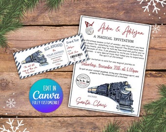 Invitación y boleto de tren navideño / Plantilla editable de Canva / Carta a Papá Noel / Descarga digital instantánea