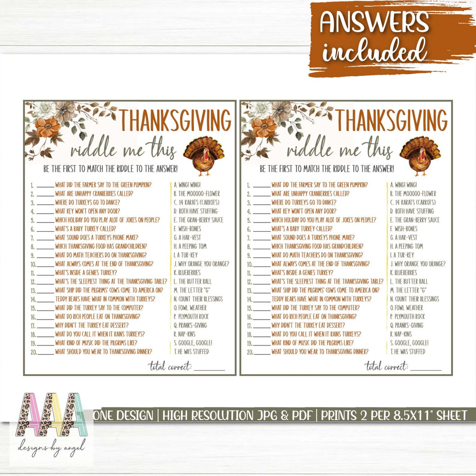 Thanksgiving Riddle Me This Game Printable Games Fall Games Instant ...