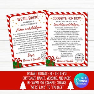 Carta de llegada y despedida de un elfo / Estamos de vuelta de tu elfo / Imprimible navideño / Archivo digital