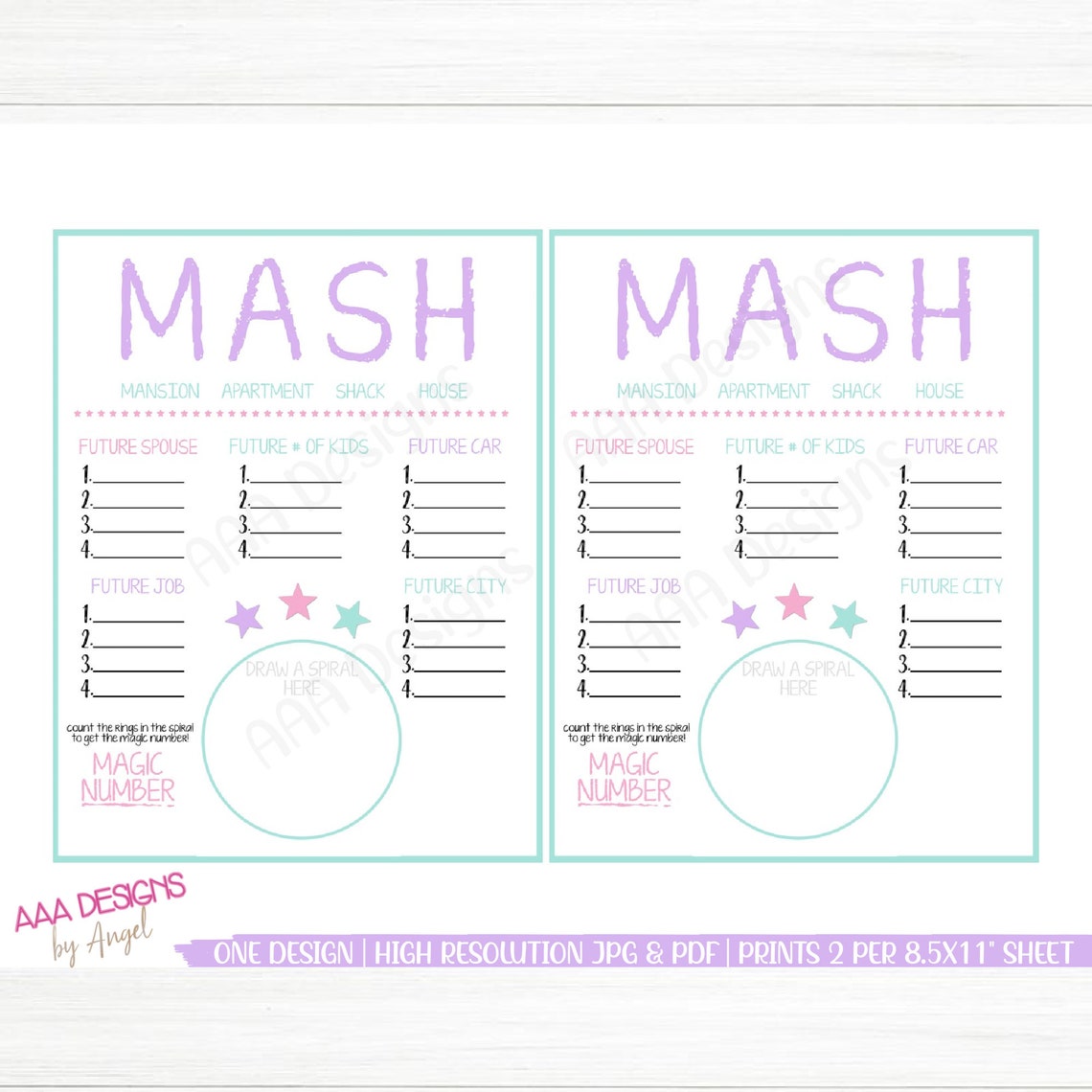 MASH Game Printable MASH Game Digital File Instant - Etsy