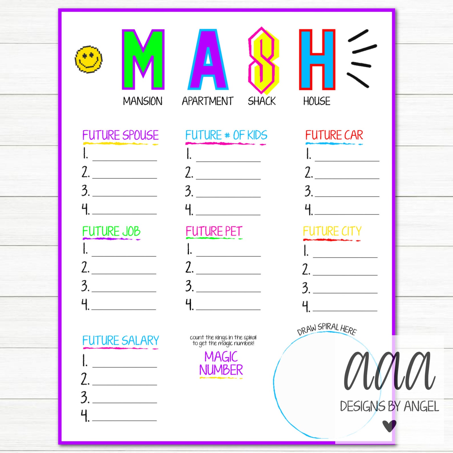 MASH Game Printable MASH Game Digital File Instant Etsy