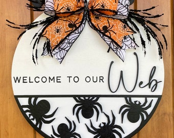 Welcome To Our Web | Halloween Wooden Round | Spider Web Decor | Spider Web Halloween | Welcome Decor | Front Door Hanger | Personalized