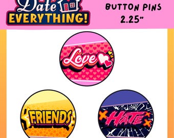 Datum Alles! Spiel Button Pins Liebe/Freundschaft/Hass 5,7 cm BUNDLE OF 3