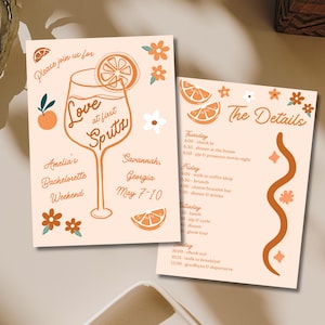 Love at First Spritz Bachelorette Party Invitation | Aperol Spritz Bach | Summer Bach Party Invite | Canva Template | Bachelorette Itinerary