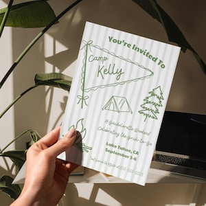 Uitnodiging vrijgezellenfeest kamp | Cabin Camping Bach-feestuitnodiging | Aanpasbare canvassjabloon | Afdrukbaar | Vrijgezellenroute