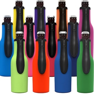 May include: Twelve zippered bottle coolers in various colors, including green, blue, orange, pink, purple, and yellow. The coolers are made of neoprene and have a zipper closure.