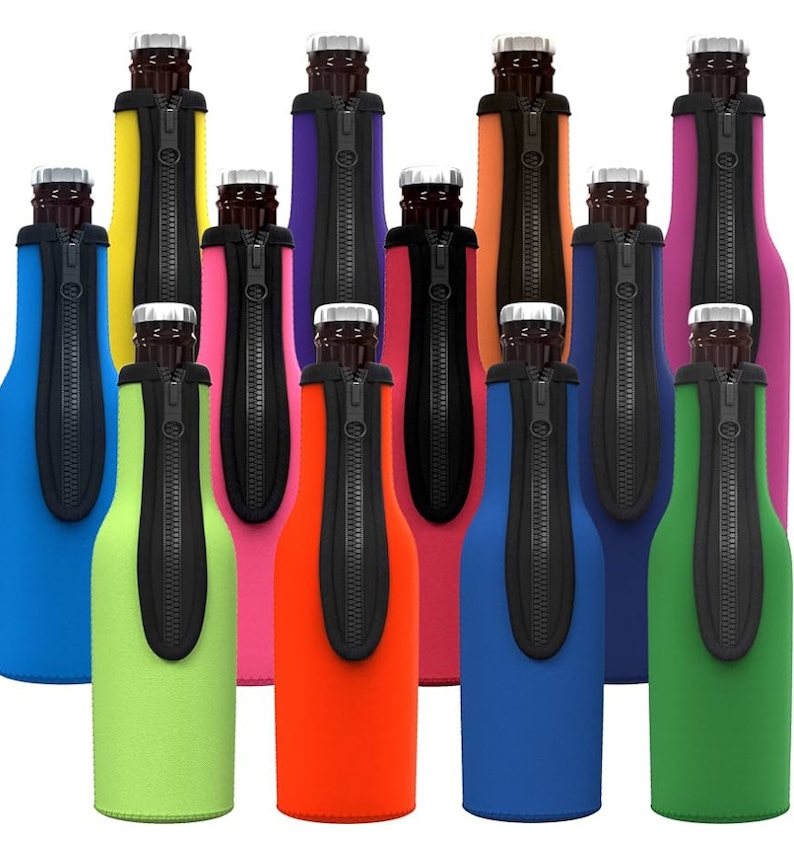 May include: Twelve zippered bottle coolers in various colors, including green, blue, orange, pink, purple, and yellow. The coolers are made of neoprene and have a zipper closure.