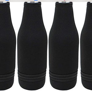 May include: Four black neoprene bottle coolers with a zippered pocket. The coolers are designed to keep beverages cold.