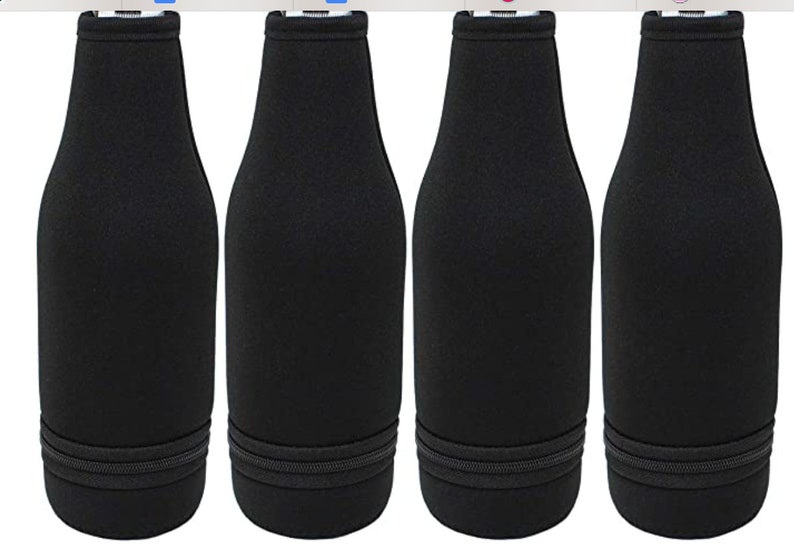 May include: Four black neoprene bottle coolers with a zippered pocket. The coolers are designed to keep beverages cold.
