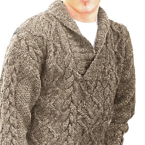 May include: A brown cable knit jumper with a shawl collar. The jumper is made of a soft, warm material and has a relaxed fit.