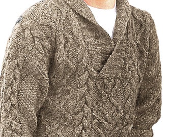 May include: A brown cable knit sweater with a shawl collar. The sweater is made of a soft, warm material and has a relaxed fit.
