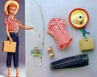 11.5 inch Doll Clothes, Picnic Outfit | 60s Sewing Pattern Retro Wardrobe Jeans Shirt + 11" Fashion Dolls