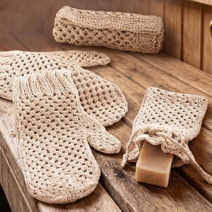 Bath Accesories Organic Linen Knitting Pattern | 3 Pieces Spa, Bath Set PDF Pattern | Instant Digital Download