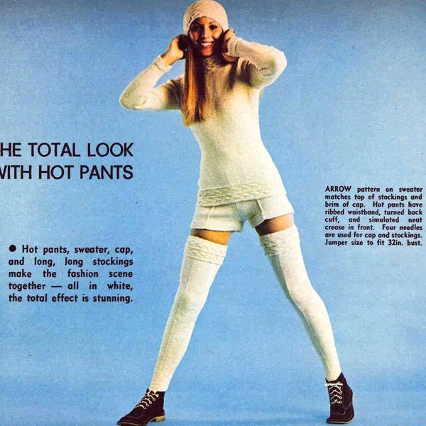 Hot Pants, Sweater, Long Stockings & Hat 70s Knitting Pattern PDF Download | STUNNING Retro Clothing