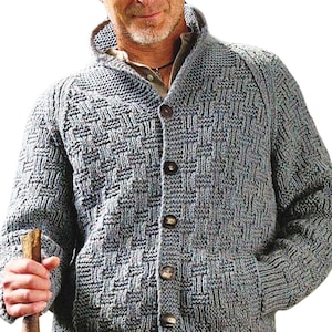 May include: A gray, button-down cardigan sweater with a basketweave pattern. The sweater has a shawl collar, two front pockets, and is made of a thick, textured knit. The buttons are a dark brown color.