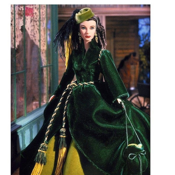 Gone With The Wind Dress PDF Pattern For 11.5 inch Doll. Scarlet Ohara's Green Velvet Draped Dress  For Fashion Doll.
