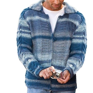 May include: A blue and white striped knitted cardigan with a zip closure. The cardigan has a cable knit pattern on the sleeves.