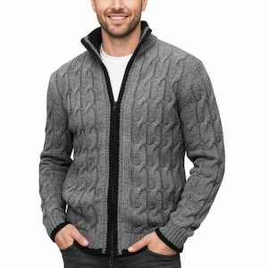 PDF Pattern Cable Knit Zip Up Jacket For Men S-5X | DK Yarn Cardigan Knitting Pattern Instant Download