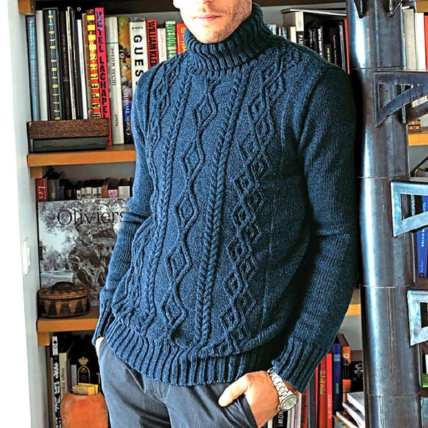 Men's Turtle Neck Sweater Aran Knitting Pattern | Classic Irish Fisherman Cable Knit | Instant PDF Download