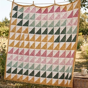 Jeté de couverture facile à motif au crochet, demi-triangles carrés | Couverture en patchwork de fil de ferraille, téléchargement immédiat