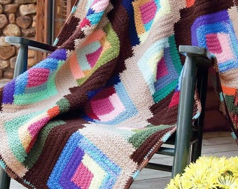 Log Cabin Blanket Throw Easy Crochet Pattern | Scrap Yarn Crochet Patchwork Throw Pattern Instant Download