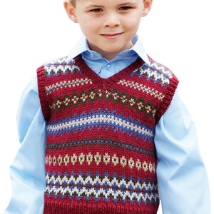 May include: A red, blue, white, and green patterned knitted vest with a V-neck.
