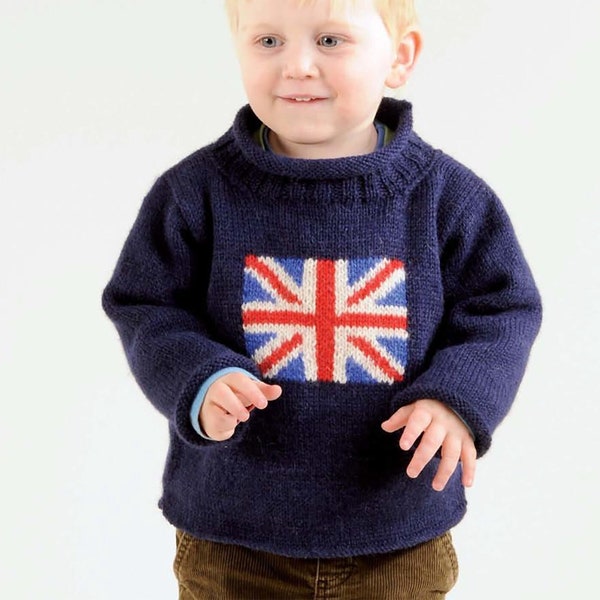 Pull à col roulé et drapeau Union Jack | Modèle de tricot facile DK pour enfants de 1 à 5 ans Pull drapeau britannique | Téléchargement PDF