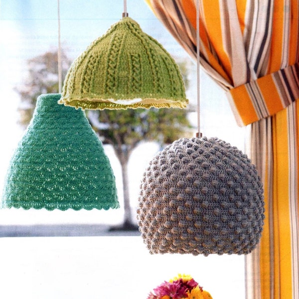 3 superbes modèles PDF d'abat-jour au crochet. lampes de lustres à motifs au crochet vintage.