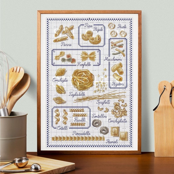 Retro Kitchen Cross Stitch Chart | Pasta Lovers Kitchen Decor | Italian Food Poster To Embroider