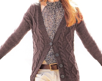 Women's Classic Aran Cardigan, Casual Jacket | Chunky Knitting Pattern Instant PDF Download