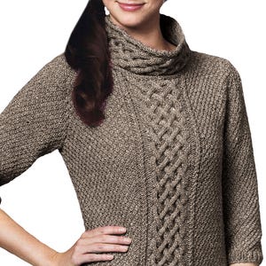 May include: A brown cable-knit jumper with a high, ribbed collar and three-quarter sleeves. The jumper features a central cable design and a textured knit pattern. The overall colour is a mix of brown and tan.