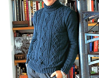 Men's Turtle Neck Sweater Aran Knitting Pattern | Classic Irish Fisherman Cable Knit | Instant PDF Download