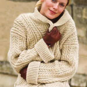 Chaqueta Aran con cuello chal para mujer, abrigo acanalado / cárdigan de punto trenzado estilo pescador irlandés grueso, tallas S-XL.