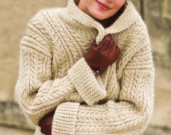 Women&#39;s Aran Jacket Shawl Collar, Ribbed Car Coat | Chunky Irish Fisherman Cable Knit Cardigan S-XL Pattern