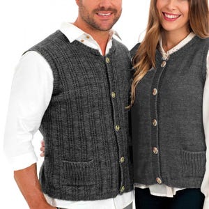 May include: Two gray knitted vests with button closures and pockets. The vests are made of a soft, textured material.