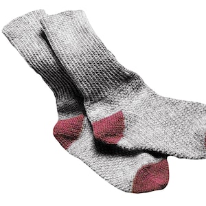 May include: A pair of grey socks with red accents at the heel and toe.
