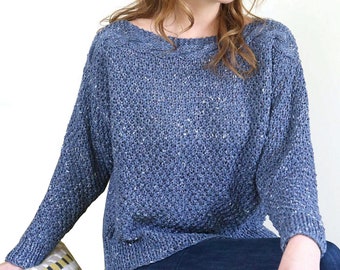 Easy Knitting Pattern Loose Comfy Sweater | Women's Boatneck Cabled Top Cotton Spring Knit | Instant PDF Download