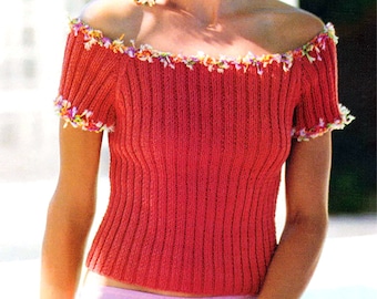 Easy Knitting Pattern Ribbed Raglan Top, Off Shoulder Crop Top | 4 Ply Yarn Casual Sweater | Instant PDF Download