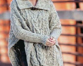 Women's Cabled Poncho | Aran Pattern | STUNNING Vintage Knit Pattern Fisherman Coat, Cape Instant PDF Download