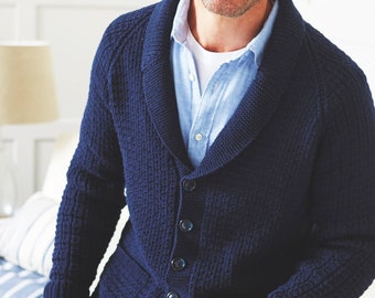 Men's Classic Navy Blue Jacket Shawl Collar | Cardigan, Car Coat | DK Yarn Knitting Pattern Instant Download