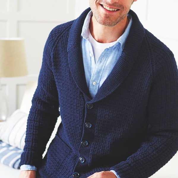 Men's Classic Navy Blue Jacket Shawl Collar | Cardigan, Car Coat | DK Yarn Knitting Pattern Instant Download