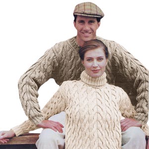 Aran Sweater Patterns His & Her | Classic Fisherman Knitting Patterns | Turtle, Crew Neck Cable Knit Pullovers | PDF Download