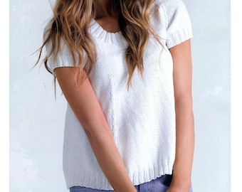 Einfache Strickanleitung Weißes Baumwoll T-Shirt | Slouchy, Frühlings bequemes T-Shirt | Minimalistisches Vintage Muster PDF Download