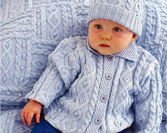Baby Boy Aran Knitting Patterns | Cardigan, Blanket, Hat, Mitts & Booties 6 To 18 mo. |