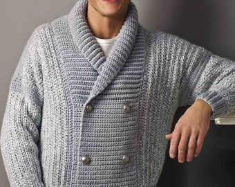 Men's Crochet Jacket Pattern Shawl Collar S-2X | Double Breasted Crochet Cardigan For Men | PDF Download