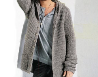 Loose Hoodie Men S To 2X Long | Vintage Knitting Pattern Hooded Cardigan | Men's Oversized Top PDF Download