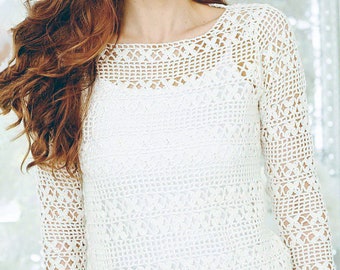 Crochet Pattern Lacy Sweater | Spring Tunic, Women's Top With Tiny Flowers | Instant PDF Download
