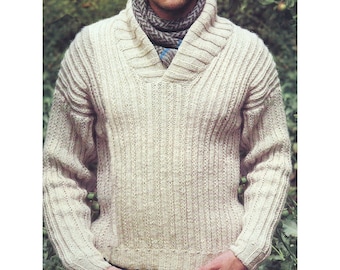 Men's Sweater Pattern | Shawl Collar,Ribbed Chunky Pullover | Men Classic Knitting Pattern | PDF Download