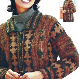 May include: A brown, green and beige knitted cardigan with a button-up front and a collar. The cardigan has a geometric pattern.