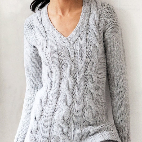 Chunky V Neck Sweater | Bulky Knit Top With Classic Cables | Women's Knitting Pattern Instant Download